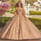 Off The Shoulder Champagne Quinceanera Dress Ball Gown Lace Applique Beaded Tull Mexican Sweet 16 Vestidos De 15 Anos