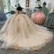 Off The Shoulder Champagne Quinceanera Dresses Tulle Appliques Flower Beads Pageant Lace Up Vestidos De 15 Anos