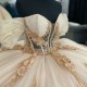 Off The Shoulder Champagne Quinceanera Dresses Tulle Appliques Flower Beads Pageant Lace Up Vestidos De 15 Anos