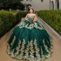 Off The Shoulder Emerald Green Quinceanera Dress Ball Gown Gold Lace Applique Beads Tull Corset Sweet 16 Vestidos De 15 Anos