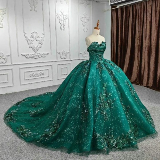 Off The Shoulder Emerald Green Shiny Quinceanera Dresses Appliques Flower Beads Vestidos De 15 Formal Princess Party Dress