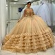 Off The Shoulder Gold Quinceanera Dresses Appliques Lace Beads Tull Tiered Vestidos De 15 Formal Princess Party Dress