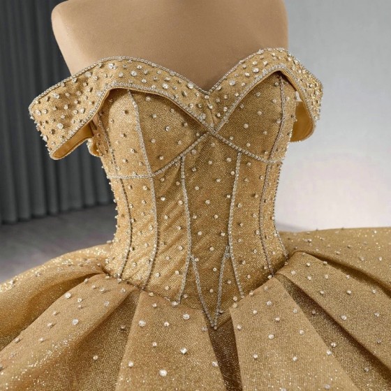 Off The Shoulder Gold Shiny Quinceanera Dress Ball Gown Beads Tulle Princess Sweet 16 Vestido De XV Anos Brithday Party Gown