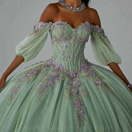 Off The Shoulder Green Quinceanera Dress Party Prom Dress Ball Gown Flower Lace Beads Girl Sweet 16 Party Gown Vestidos