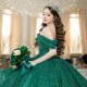 Off The Shoulder Green Shiny Quinceanera Dress Ball Gown 3D Applique Beading Tull Corset Party Sweet 16 Vestidos De 15 Anos