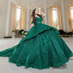 Off The Shoulder Green Shiny Quinceanera Dress Ball Gown 3D Applique Beading Tull Corset Party Sweet 16 Vestidos De 15 Anos