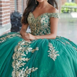 Off The Shoulder Green Shiny Quinceanera Dress Ball Gown Gold Lace Applique Beading Tull Birthday Party Sweet 16 Vestidos De 15