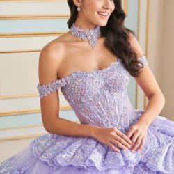 Off The Shoulder Lavender Princess Quinceanera Dress Ball Gown Classic Applique Lace Beads Tull Tiered Sweet 16 Dress Vestido 15