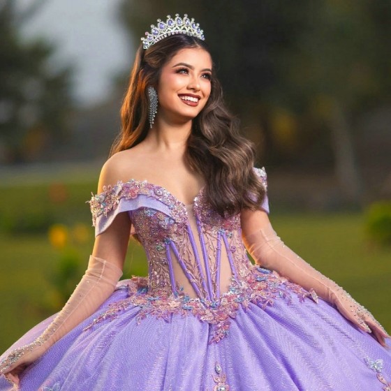 Off The Shoulder Lavender Shiny Princess Quinceanera Dresses Ball Gown Applique Bow Beads Tull Corset Sweet 16 Vestidos De XV