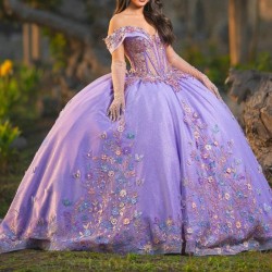 Off The Shoulder Lavender Shiny Princess Quinceanera Dresses Ball Gown Applique Bow Beads Tull Corset Sweet 16 Vestidos De XV