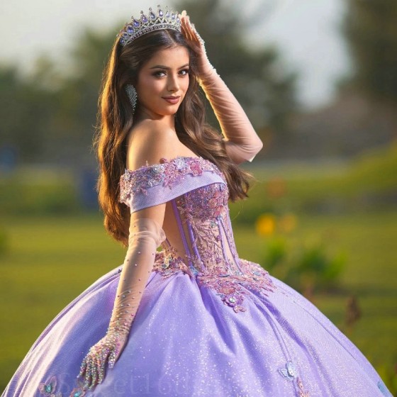 Off The Shoulder Lavender Shiny Princess Quinceanera Dresses Ball Gown Applique Bow Beads Tull Corset Sweet 16 Vestidos De XV