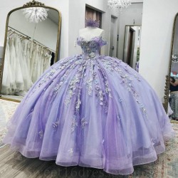 Off The Shoulder Lavender Shiny Quinceanera Dress Ball Gown Lace Applique Beading Tull Mexico Corset Sweet 16 Vestidos De 15 Anos