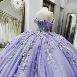 Off The Shoulder Lavender Shiny Quinceanera Dress Ball Gown Lace Applique Beading Tull Mexico Corset Sweet 16 Vestidos De 15 Anos