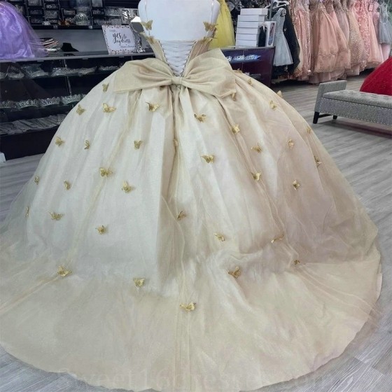 Off The Shoulder Light Champagne Cape 15 Quinceanera Dresses Beaded Bow Princess Sweet 16 Dresses Ball Gown Birthday Gowns