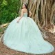 Off The Shoulder Light Green Quinceanera Dresses Tulle 3D Flower Beading Pageant Lace Up Vestidos De 15 Anos