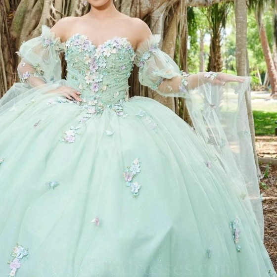 Off The Shoulder Light Green Quinceanera Dresses Tulle 3D Flower Beading Pageant Lace Up Vestidos De 15 Anos