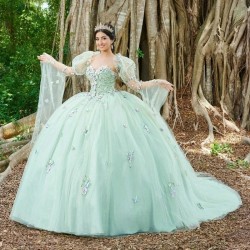 Off The Shoulder Light Green Quinceanera Dresses Tulle 3D Flower Beading Pageant Lace Up Vestidos De 15 Anos