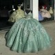 Off The Shoulder Light Green Shiny Quinceanera Dress Ball Gown Applique Lace Beads Corset Pageant Sweet 16 Party Vestidos De XV