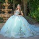 Off The Shoulder Light Green Sparkly Quinceanera Dresses Applique Lace Bow Beads Tull Princess Sweet 16 Dress