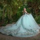 Off The Shoulder Light Green Sparkly Quinceanera Dresses Applique Lace Bow Beads Tull Princess Sweet 16 Dress