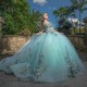 Off The Shoulder Light Green Sparkly Quinceanera Dresses Applique Lace Bow Beads Tull Princess Sweet 16 Dress