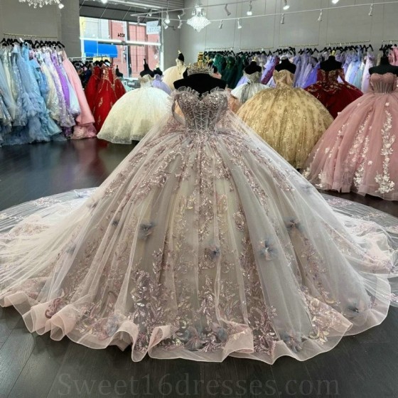 Off The Shoulder Light Pink Quinceanera Dresses Ball Gown Glitter Sequins Lace Crystal Tull Birthday Party Sweet 16 Dress Vestid