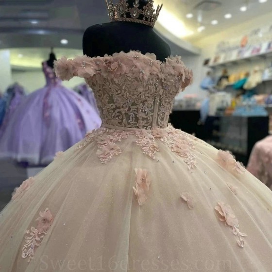 Off The Shoulder Light Pink Shiny Quinceanera Dresses Ball Gown Beading Appliques Lace 3D Flowers Corset Vestidos De 15 Anos