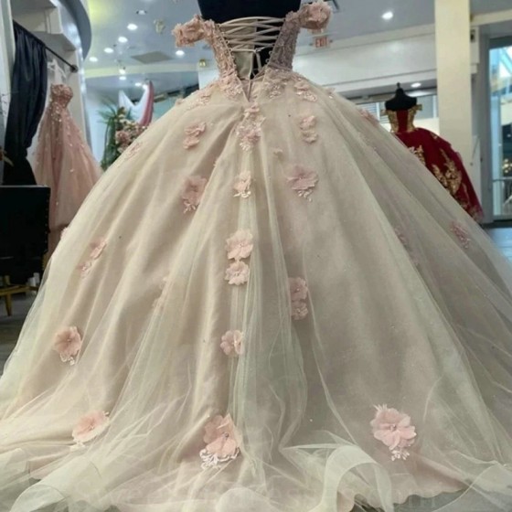 Off The Shoulder Light Pink Shiny Quinceanera Dresses Ball Gown Beading Appliques Lace 3D Flowers Corset Vestidos De 15 Anos