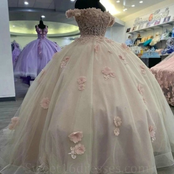 Off The Shoulder Light Pink Shiny Quinceanera Dresses Ball Gown Beading Appliques Lace 3D Flowers Corset Vestidos De 15 Anos