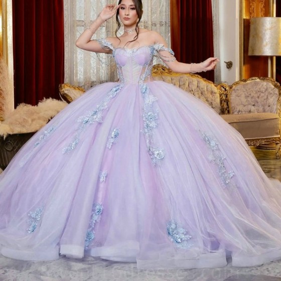 Off The Shoulder Lilac Quinceanera Dresses Sweetheart Applique Bow Beads Tull Puffy Party Ball Gown Vestidos De XV 15 Anos