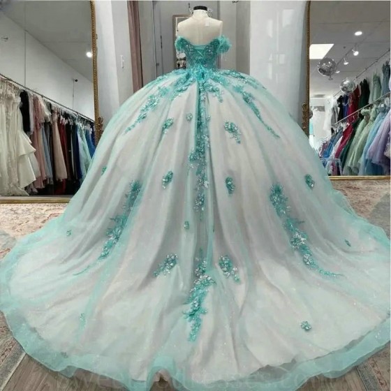 Off The Shoulder Mint Quinceanera Dress Ball Gown Lace Applique Beading Tull Mexican Corset Sweet 16 Vestidos De 15