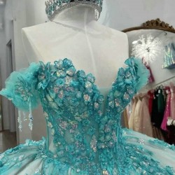 Off The Shoulder Mint Quinceanera Dress Ball Gown Lace Applique Beading Tull Mexican Corset Sweet 16 Vestidos De 15