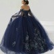 Off The Shoulder Navy Blue Ball Gown Quinceanera Dresses Appliques Lace Beads With Cape Tull Ribbons Corset Vestidos De 15 Anos