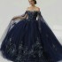 Off The Shoulder Navy Blue Ball Gown Quinceanera Dresses Appliques Lace Beads With Cape Tull Ribbons Corset Vestidos De 15 Anos