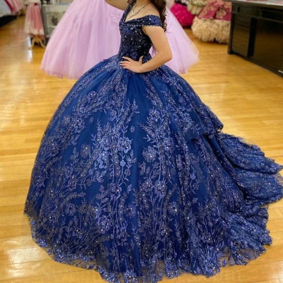 Off The Shoulder Navy Blue Shiny Quinceanera Dress Ball Gown Beaded Applique Tiered Corset Pageant Sweet 16 Party Vestidos De XV