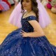 Off The Shoulder Navy Blue Shiny Quinceanera Dress Ball Gown Beaded Applique Tiered Corset Pageant Sweet 16 Party Vestidos De XV