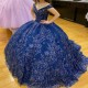 Off The Shoulder Navy Blue Shiny Quinceanera Dress Ball Gown Beaded Applique Tiered Corset Pageant Sweet 16 Party Vestidos De XV