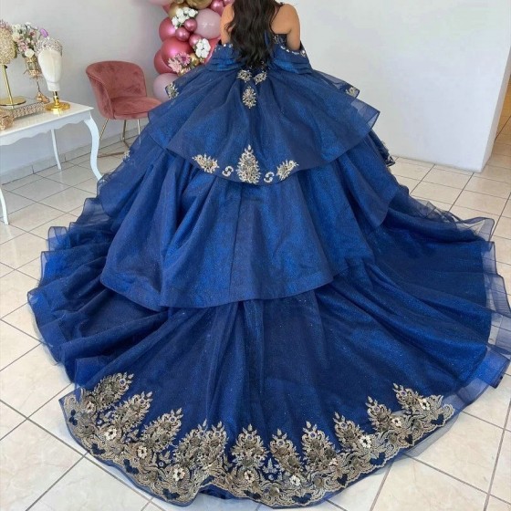 Off The Shoulder Navy Blue Shiny Quinceanera Dress Ball Gown Lace Applique Beading Tiered Corset Sweet 16 Vestidos De 15 Anos