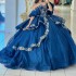 Off The Shoulder Navy Blue Shiny Quinceanera Dress Ball Gown Lace Applique Beading Tiered Corset Sweet 16 Vestidos De 15 Anos