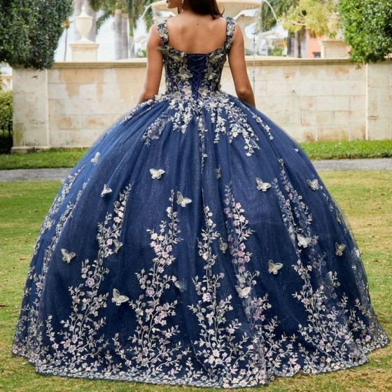 Off The Shoulder Navy Blue Shiny Quinceanera Dress Ball Gown Lace Applique Bow Beading Tull Corset Sweet 16 Vestidos De 15 Anos