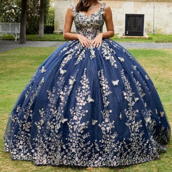 Off The Shoulder Navy Blue Shiny Quinceanera Dress Ball Gown Lace Applique Bow Beading Tull Corset Sweet 16 Vestidos De 15 Anos