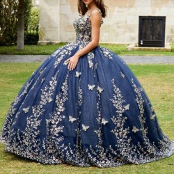 Off The Shoulder Navy Blue Shiny Quinceanera Dress Ball Gown Lace Applique Bow Beading Tull Corset Sweet 16 Vestidos De 15 Anos