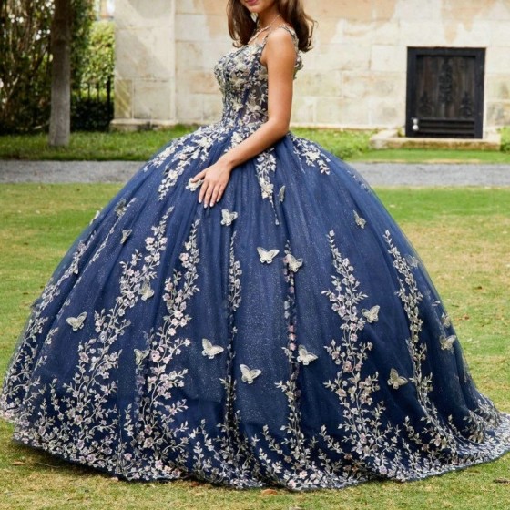 Off The Shoulder Navy Blue Shiny Quinceanera Dress Ball Gown Lace Applique Bow Beading Tull Corset Sweet 16 Vestidos De 15 Anos