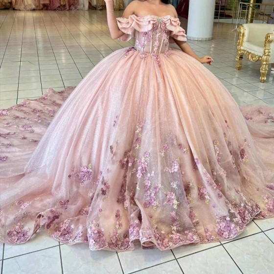 Off The Shoulder Pink Ball Gown Quinceanera Dresses Sweet 16 Princess Applique Lace Beads Tull Corset vestidos de 15anos