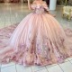 Off The Shoulder Pink Ball Gown Quinceanera Dresses Sweet 16 Princess Applique Lace Beads Tull Corset vestidos de 15anos