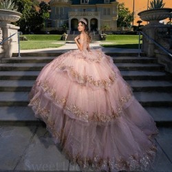 Off The Shoulder Pink Quinceanera Dresses Princess Prom Gown Tulle Lace Up Gold Appliques Beads Sweet 15 16 Dress Balll Gown