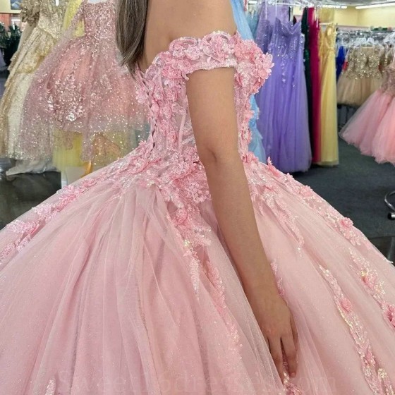 Off The Shoulder Pink Quinceanera Dresses Tulle Appliques Flower Beading Pageant Lace Up Vestidos De 15 Anos Princess Ball Gown