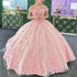 Off The Shoulder Pink Quinceanera Dresses Tulle Appliques Flower Beading Pageant Lace Up Vestidos De 15 Anos Princess Ball Gown