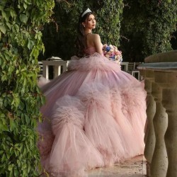 Off The Shoulder Pink Quinceanera Dresses Tulle Tiered Beading Pageant Lace Up Vestidos De 15 Anos 2024 Princess Ball Gown