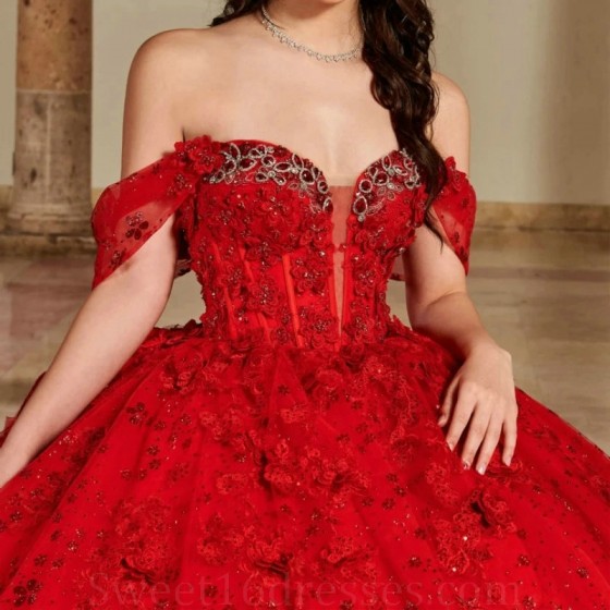 Off The Shoulder Red Quinceanera Dress Ball Gown Applique Beaded Crystals Tull Tiered Mexico Sweet 16 Vestidos De 15